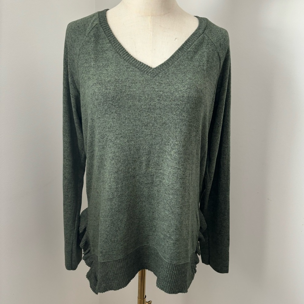 Postcard Anthropologie Heather Green V-neck Ruffle Hem Sweater